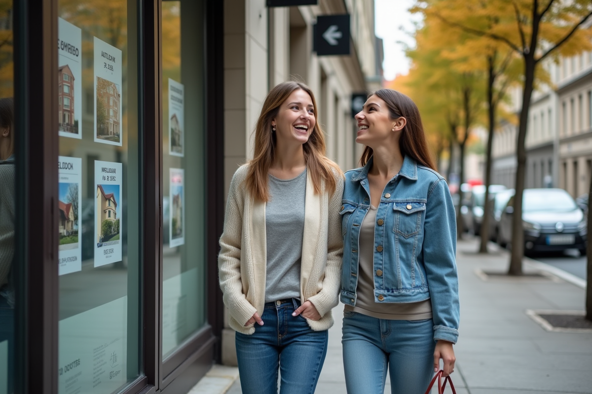 Deux femmes discutent devant une agence immobiliere en ville