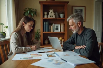 Frère et sœur en indivision discutant des charges et travaux de leur maison héritée autour de documents immobiliers
