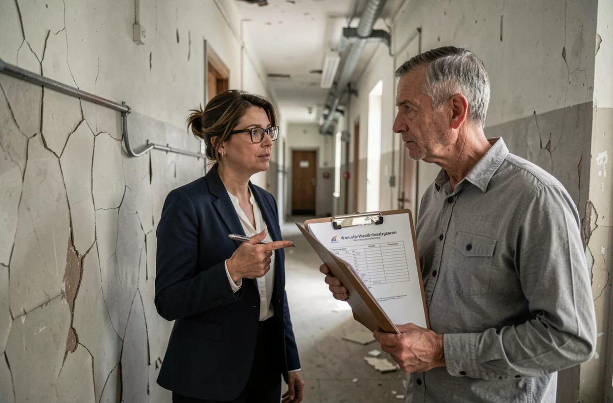 Gestionnaire de copropriété présentant un devis de gros travaux à un copropriétaire dans un couloir d'immeuble