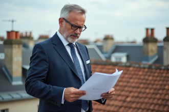 Gestionnaire de bâtiment sur un toit parisien en costume navy