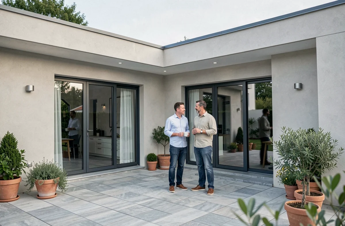Maison individuelle en L construite par GIB Construction dans les Landes avec terrasse pavée et portes vitrées coulissantes