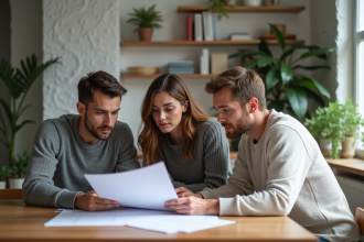 Trois personnes discutent de documents immobiliers dans un salon lumineux