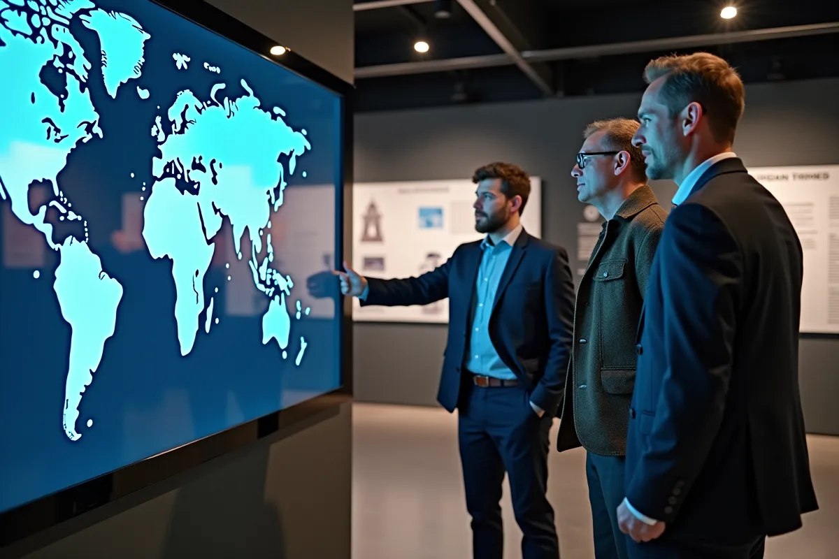 Groupe de personnes discutant autour d une carte mondiale interactive