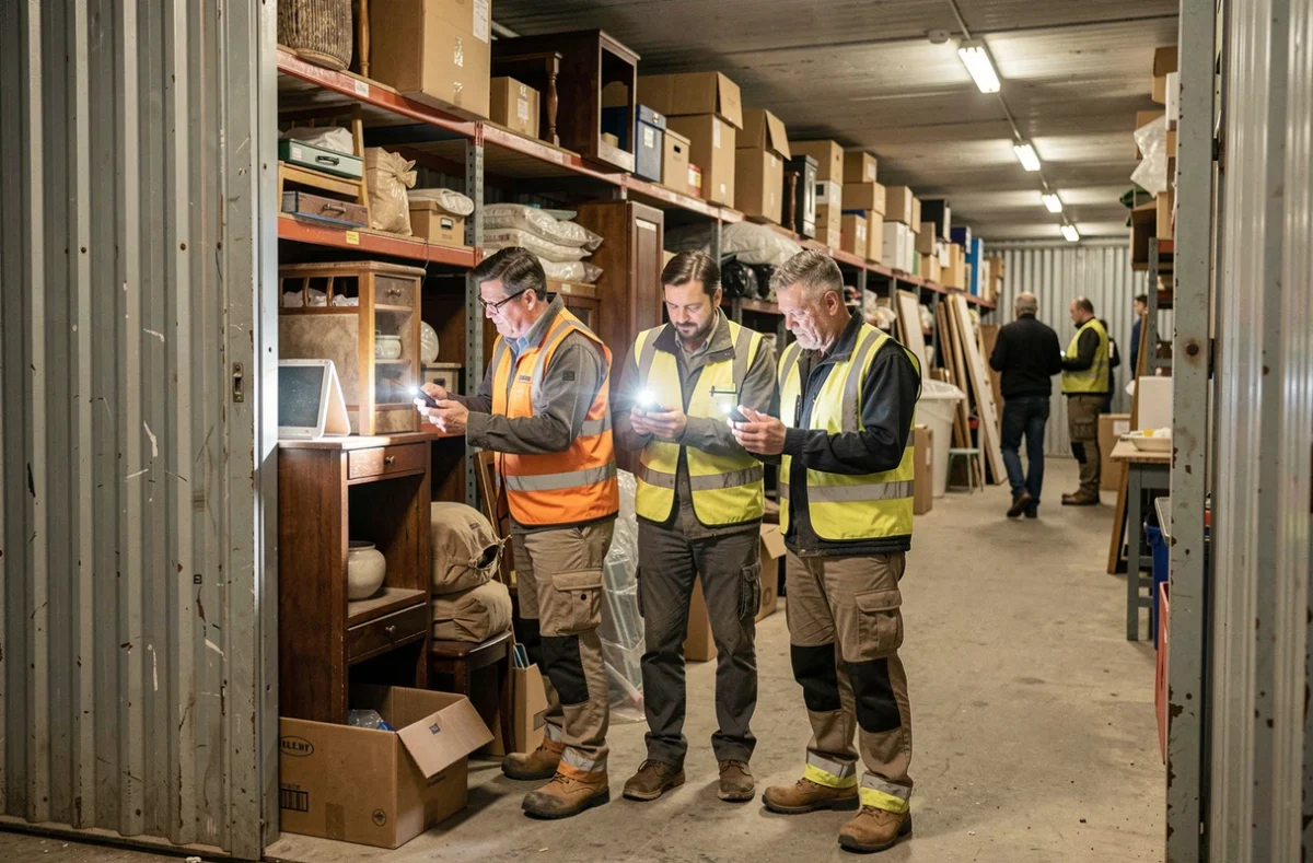 Groupe d'enchérisseurs inspectant le contenu d'un box abandonné ouvert lors d'une vente aux enchères en France