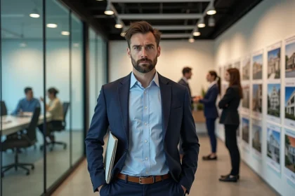 Homme d'affaires sceptique dans une agence immobiliere moderne