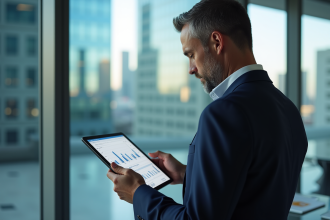 Homme d'affaires en costume regardant une tablette avec des graphiques financiers