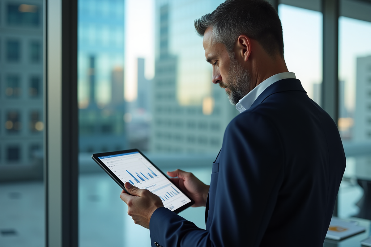 Homme d'affaires en costume regardant une tablette avec des graphiques financiers