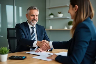 Homme d'affaires en costume serrant la main d'une femme banquière dans un bureau moderne