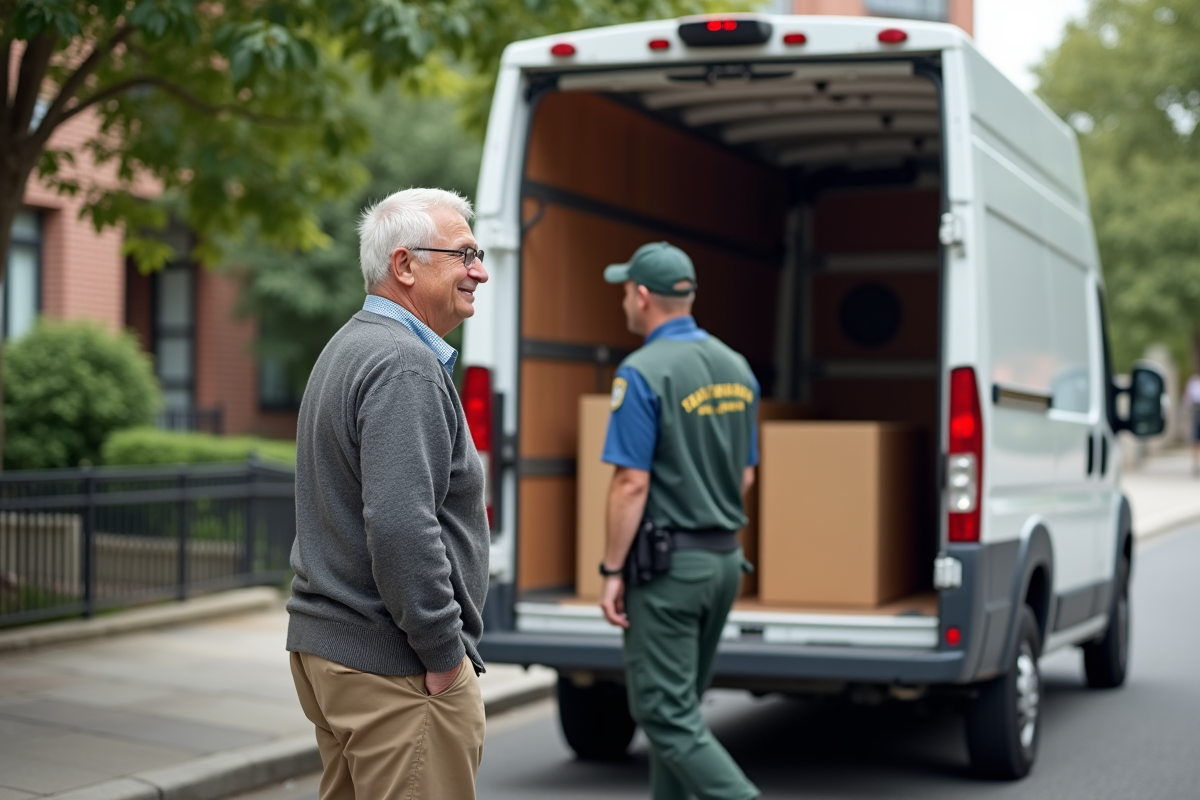 Senior homme aidé par un agent municipal lors d