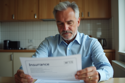 Homme d'affaires français lisant un document d'assurance dans sa cuisine