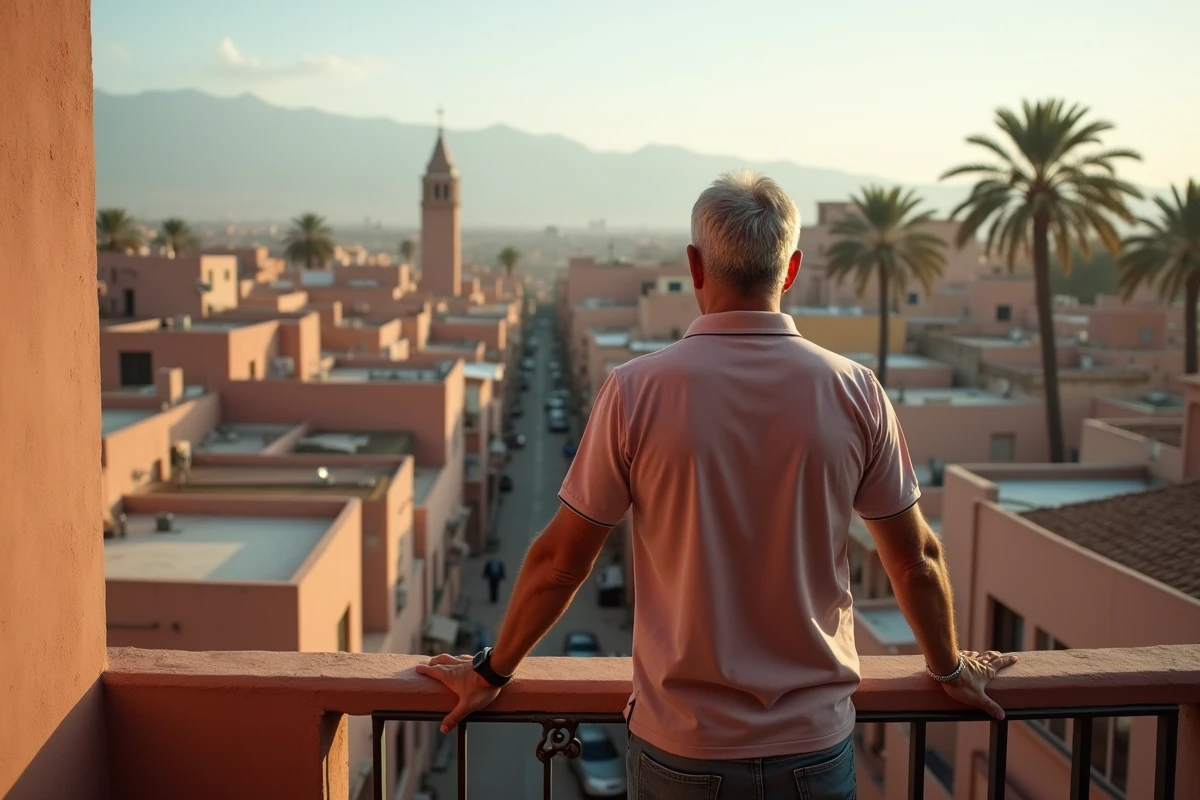 Homme regardant Marrakech depuis un balcon dans le quartier Guéliz
