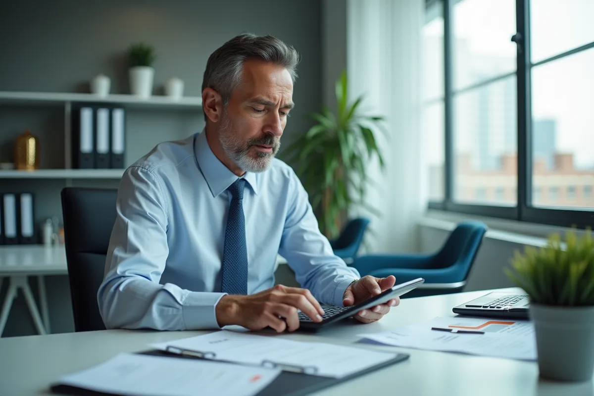 Homme d age moyen utilise calculatrice pour son budget au bureau