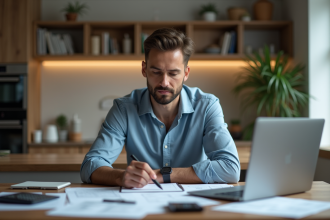 Homme d affaires en intérieur avec ordinateur et papiers