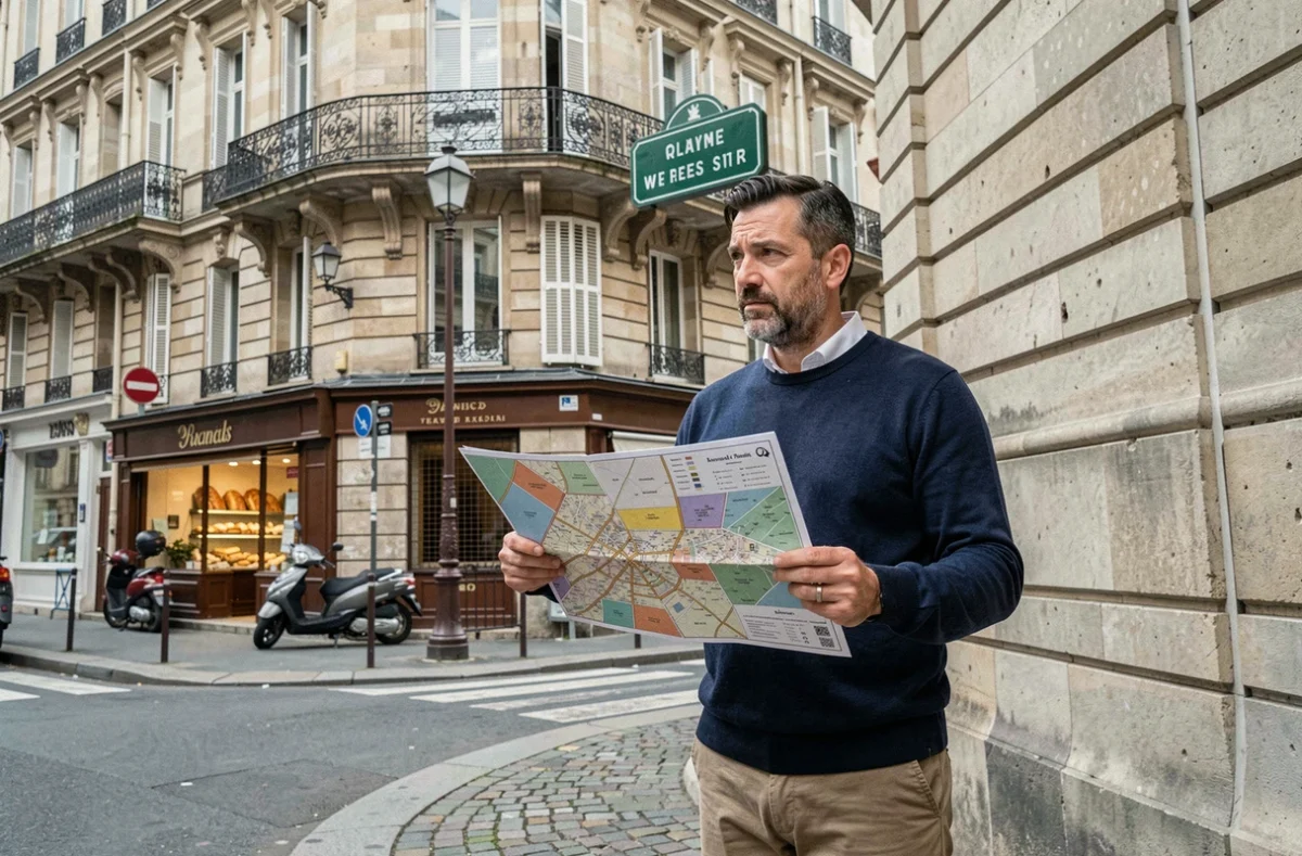 Homme consultant une carte des arrondissements de Paris pour choisir son quartier avec LOC'annonces