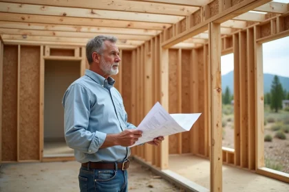 Homme d'âge moyen examinant des plans de construction en bois