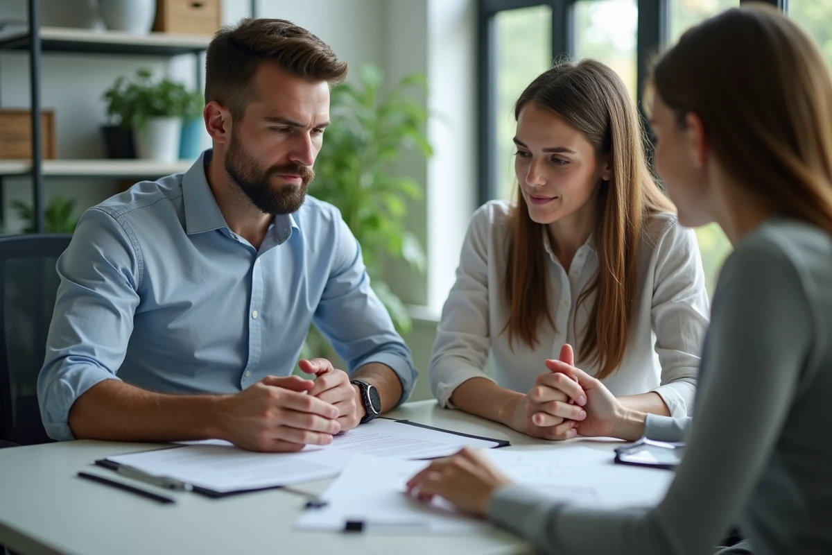 Homme et femme discutant contrat dans un bureau immobilier