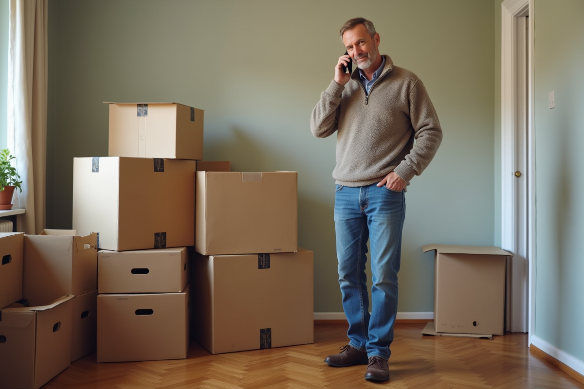 Homme parle au téléphone près de cartons de déménagement