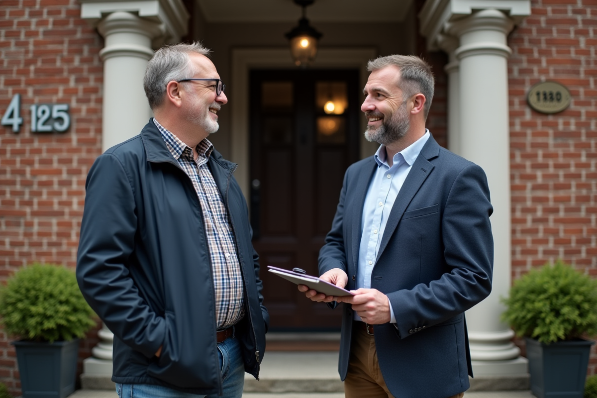 Homme discutant avec un propriétaire devant un immeuble résidentiel