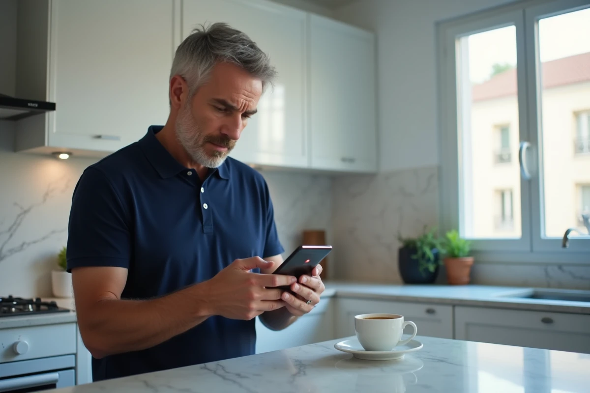 Homme consultant son smartphone avec un message d'erreur de connexion sur l'application MyFoncia