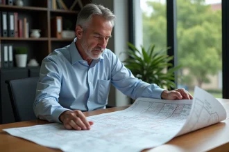 Homme d'âge moyen analysant un plan cadastral dans un bureau