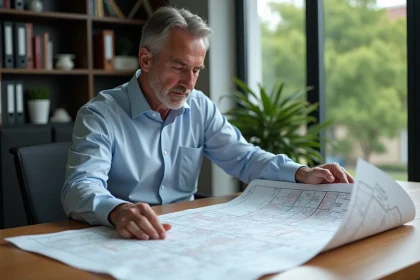 Homme d'âge moyen analysant un plan cadastral dans un bureau