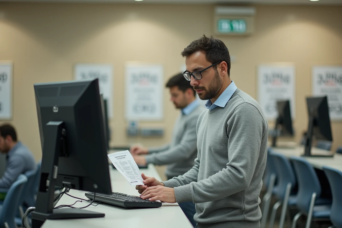 Homme consultant un document administratif au guichet d'un service public tout en saisissant un numéro de référence unique