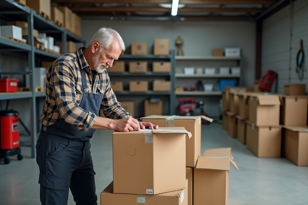 Homme âgé étiquetant des boîtes dans un garage organisé