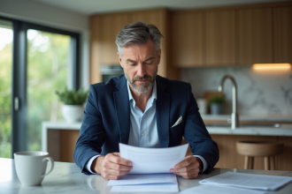 Homme d'âge moyen en costume bleu examine des documents immobiliers