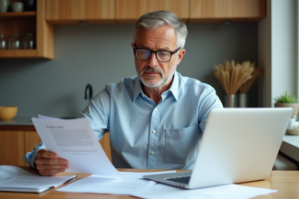 Homme d'âge moyen examinant des dossiers dans une cuisine lumineuse