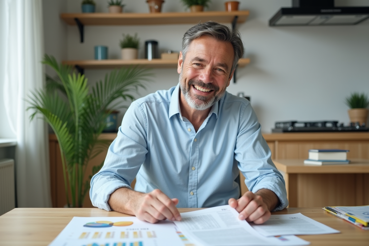 Homme détendu vérifiant documents de location dans son appartement