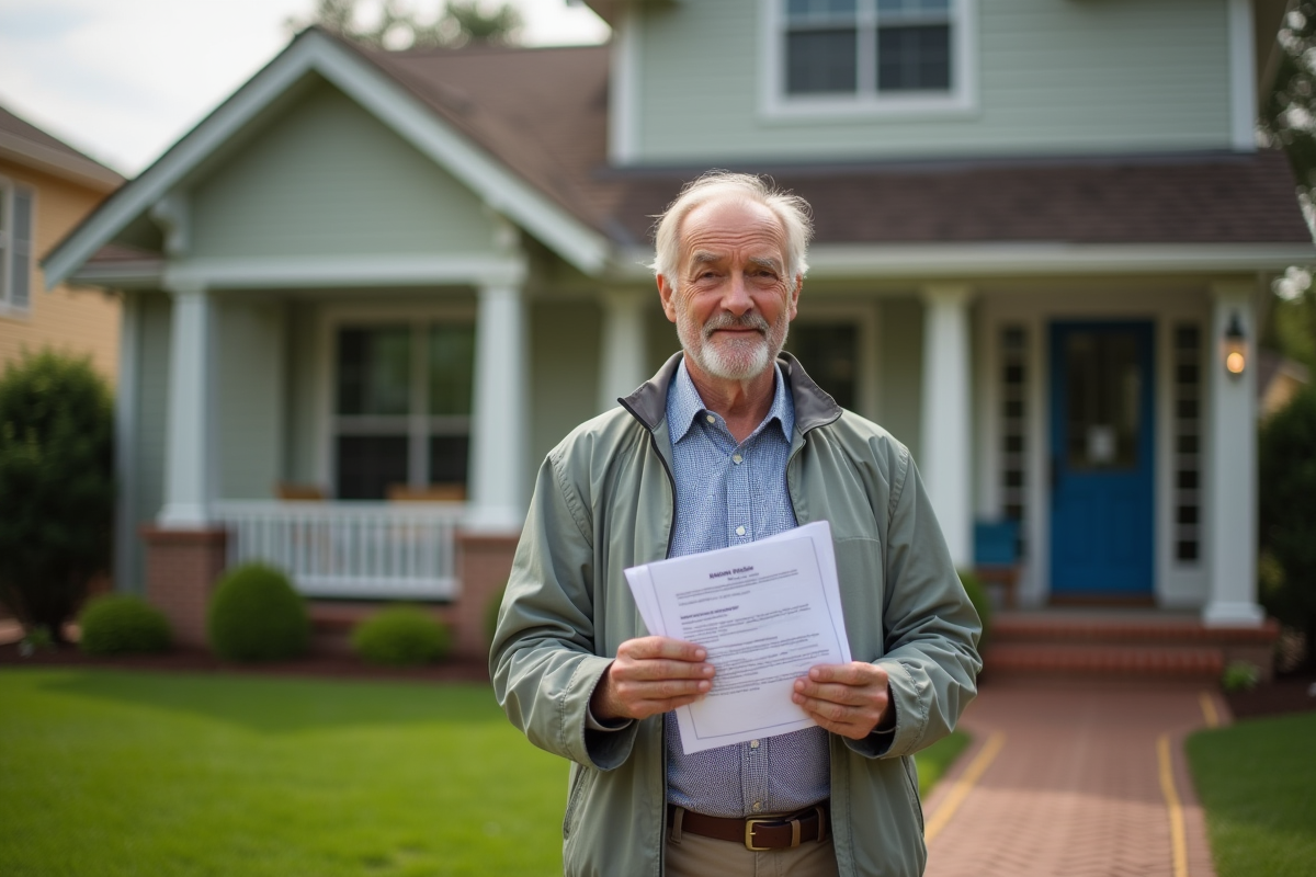 Homme regardant un courrier de prêt immobilier devant sa maison