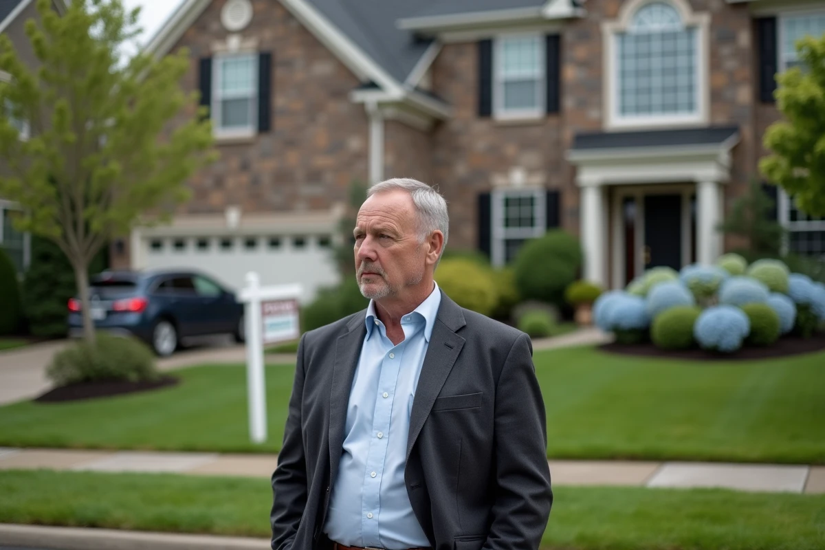 Homme regardant une maison a vendre devant un jardin bien entretenu