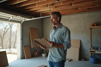 Homme évaluant un garage en béton avec outils et matériaux