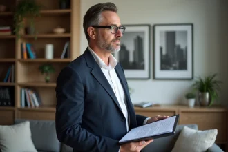 Homme propriétaire en blazer dans un appartement urbain