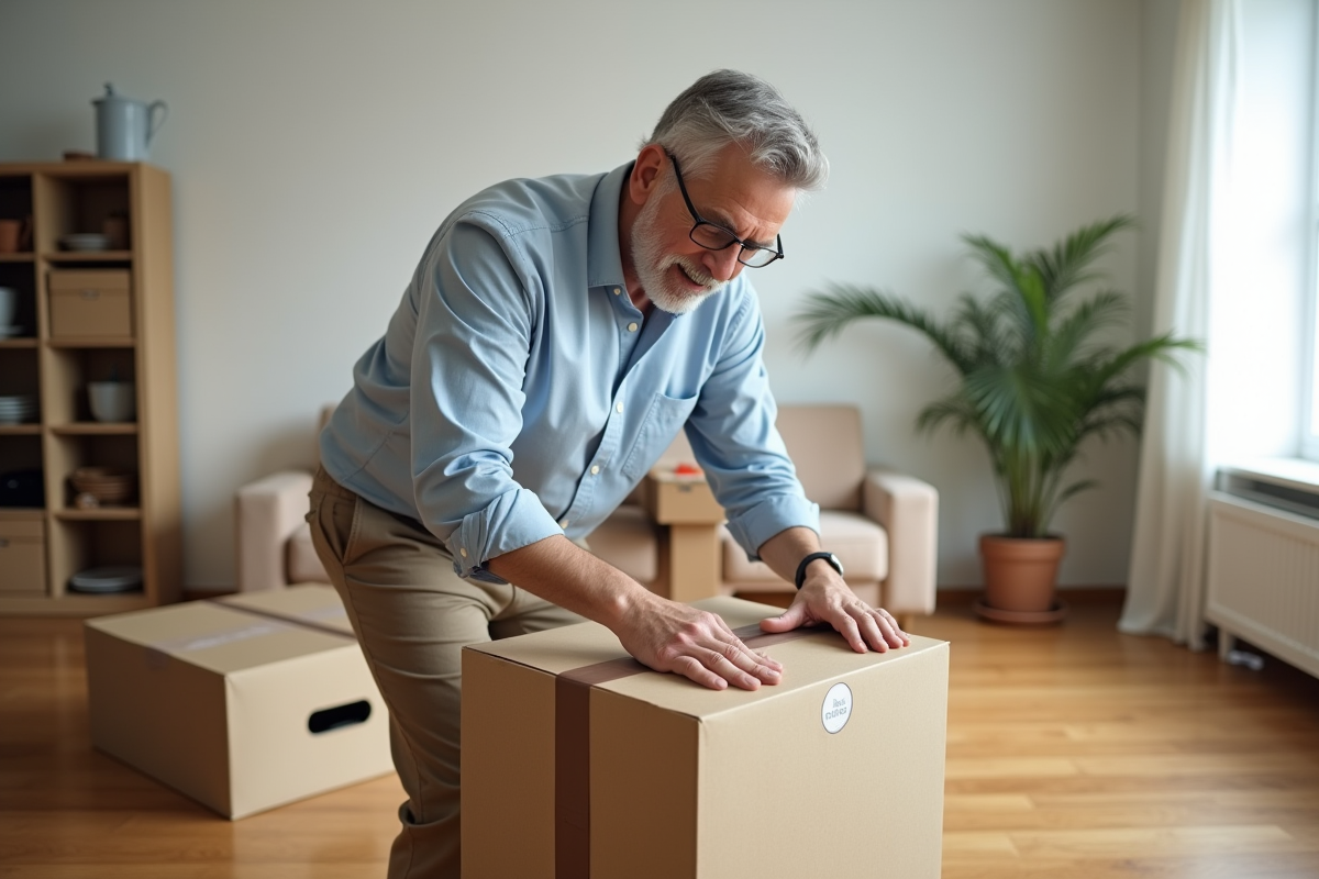 Homme scellant une boîte de déménagement dans un salon lumineux