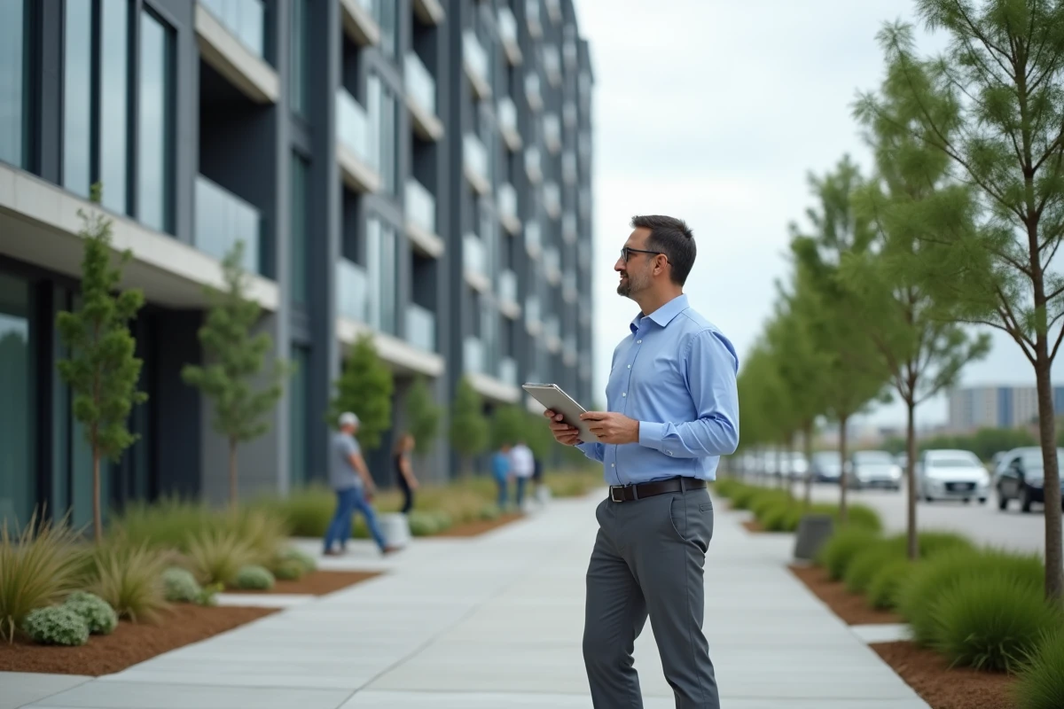 Homme regardant un immeuble neuf dans la ville