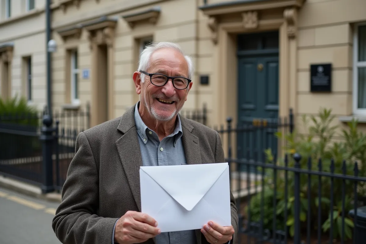 Homme âgé avec acte de vente devant une maison