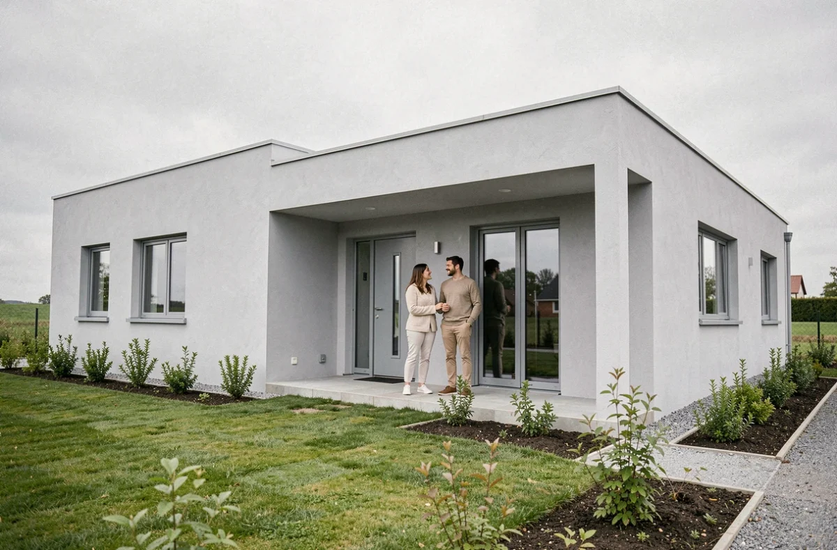 Maison individuelle plain-pied construite par IGC dans les Landes avec façade gris clair et couple de propriétaires à l'entrée