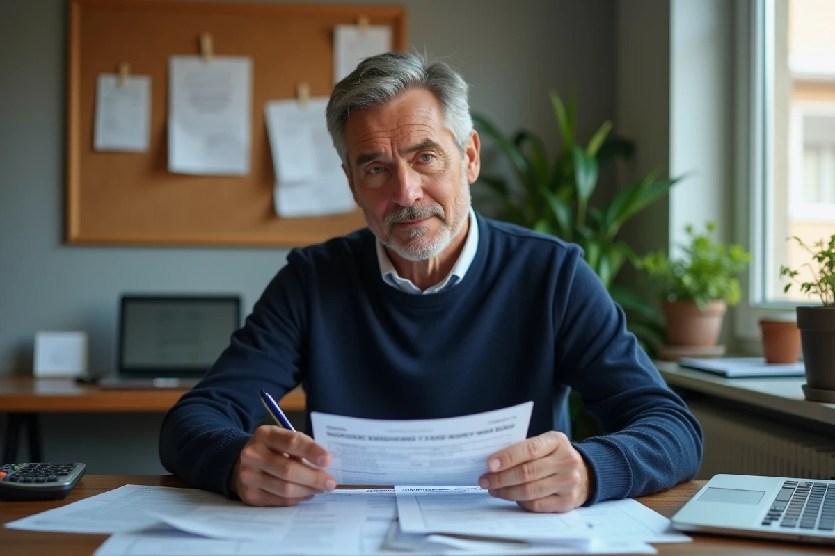 Homme en indivision examinant des avis d'imposition et documents fiscaux liés à une maison partagée en héritage