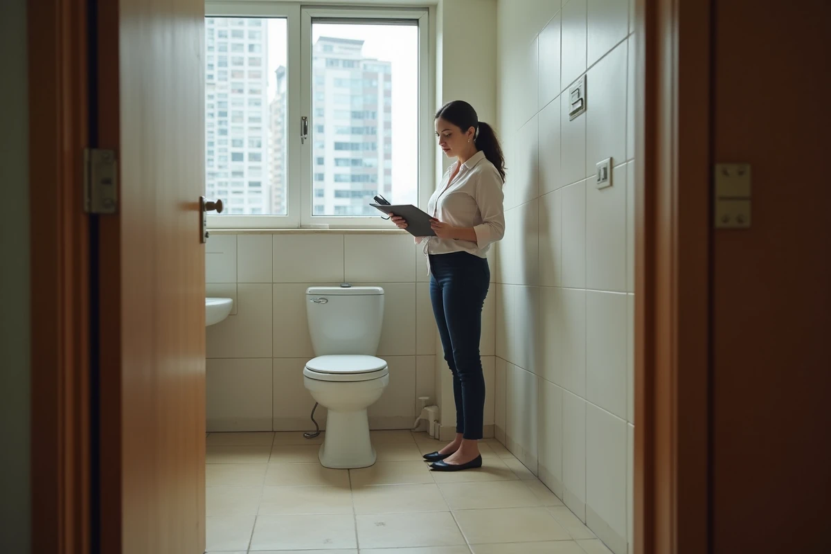 Femme propriétaire inspectant un sol humide dans un appartement rénové
