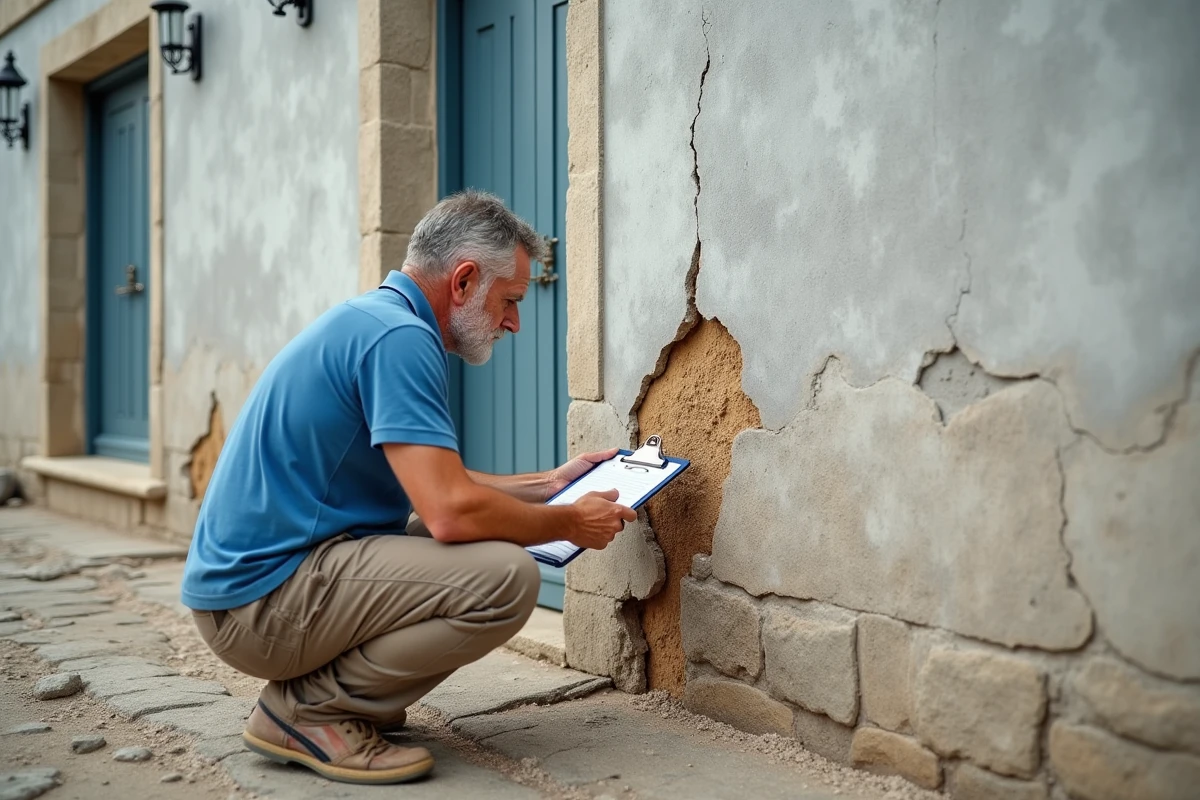 Entrepreneur inspectant les fissures et dégradations d'une façade de maison en bord de mer