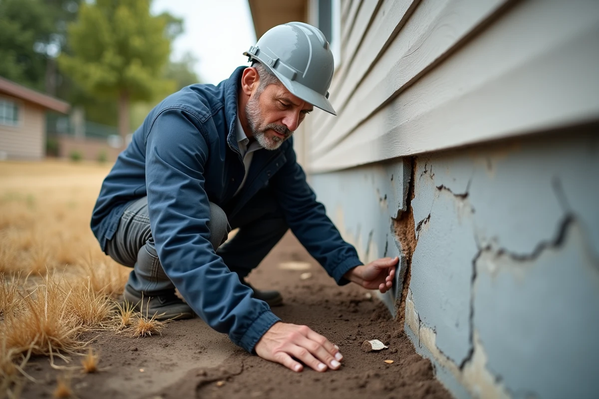 Ingénieur inspectant des fissures en pied de mur de fondation lors d'une sécheresse estivale