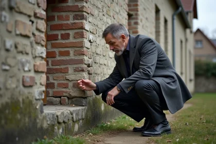 Expert immobilier inspectant un mur en mâchefer dégradé d'une maison ancienne avant une vente aux enchères