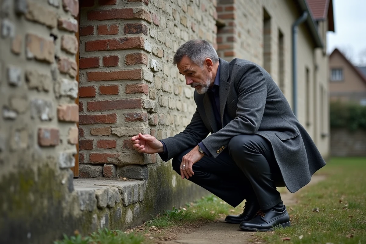 Expert immobilier inspectant un mur en mâchefer dégradé d'une maison ancienne avant une vente aux enchères