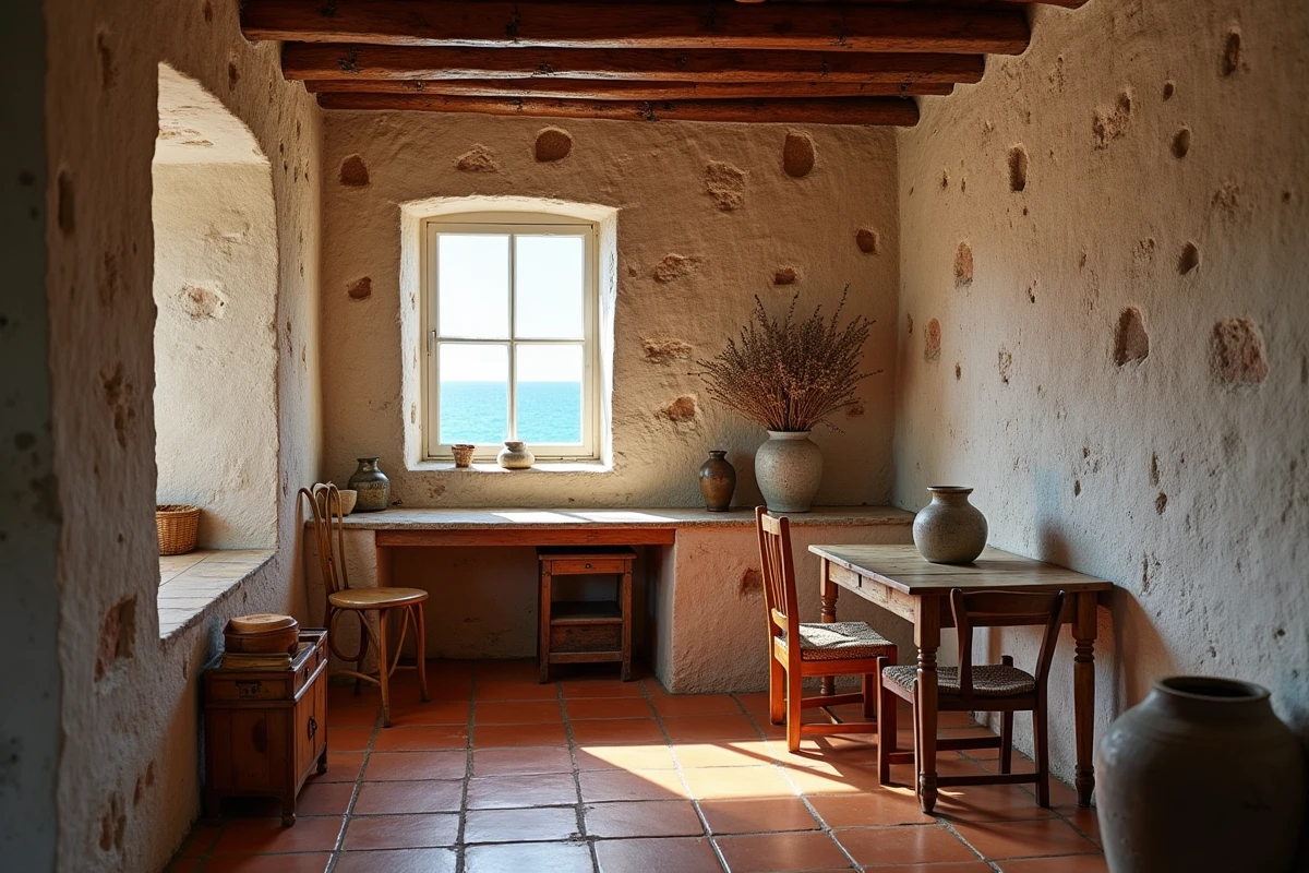Intérieur authentique d'une petite maison de pêcheur au Portugal avec vue mer depuis la fenêtre, sol en tomettes et murs en pierre apparente