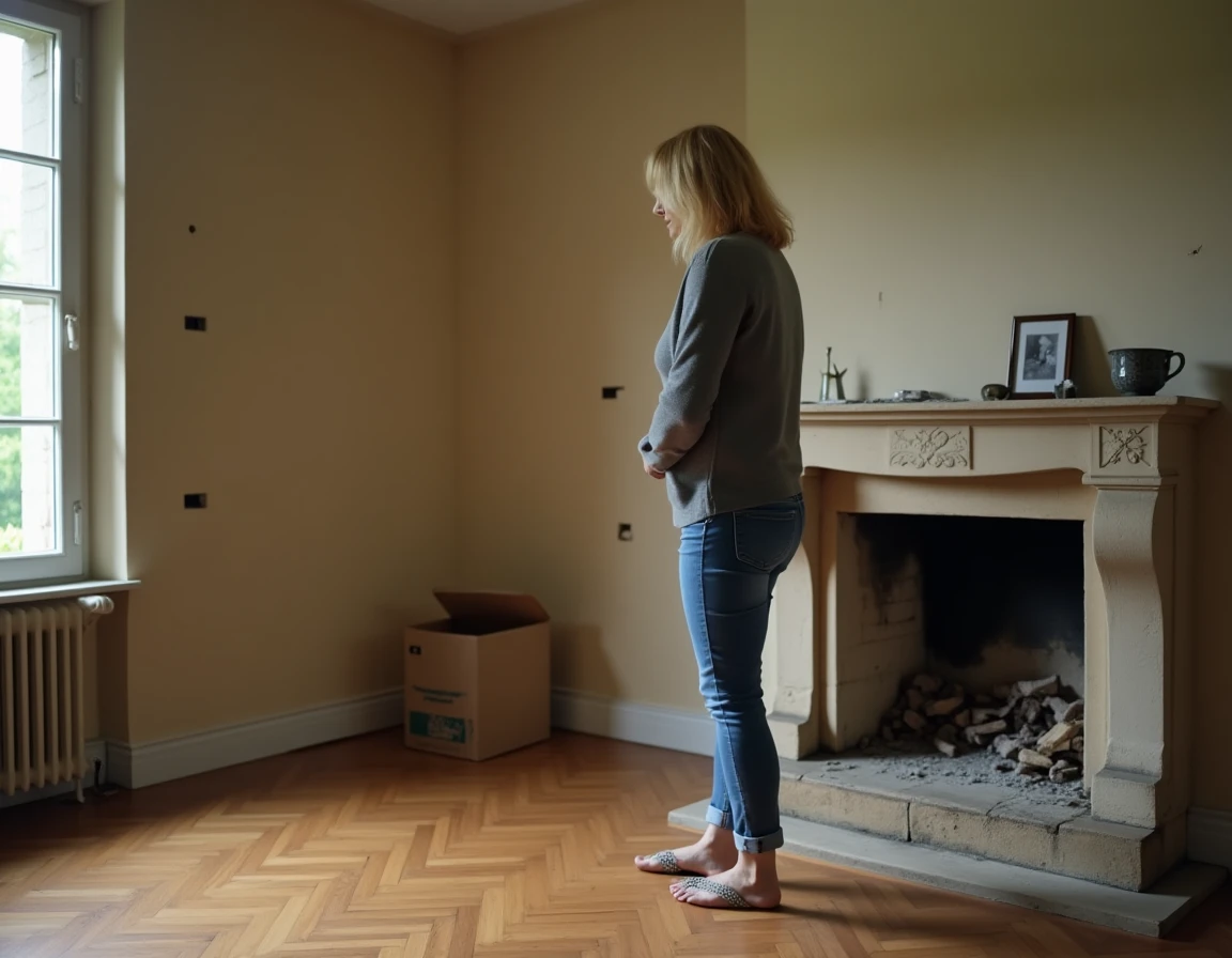 Intérieur vide d'une maison en vente suite à divorce en Sarthe, pièce abandonnée avec cheminée en pierre et cartons de déménagement