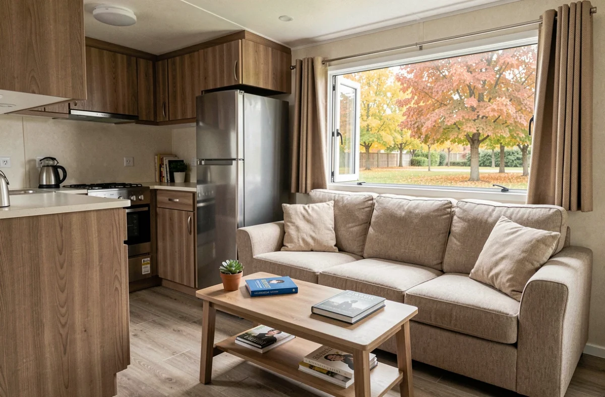 Intérieur aménagé d'un mobil home en résidence annuelle avec salon cosy, cuisine équipée et décoration personnelle pour une location à l'année