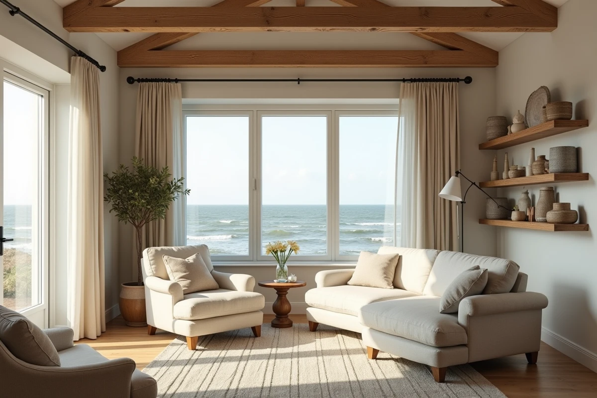 Salon d'une résidence secondaire normande avec vue panoramique sur les falaises et la mer