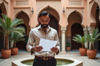 Investisseur immobilier examinant des documents devant un riad traditionnel à Marrakech