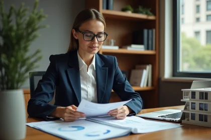 Femme investisseuse immobilière analysant des documents de rendement locatif dans un bureau professionnel moderne
